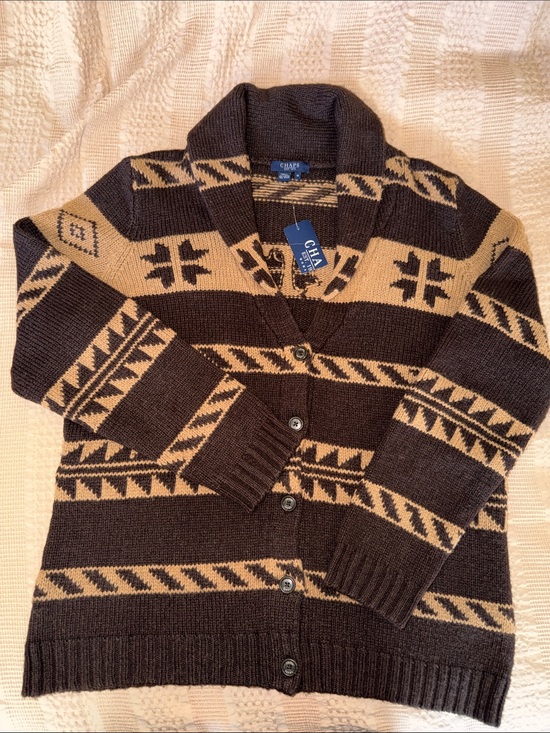 Chaps Sweaters - Chaps Brown & Tan Geometric Shawl-Collar Cardigan